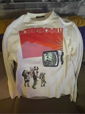 Roberto Cavalli White Sweatshirt with Red Graphic Astronaut Print/TV Printccc XL